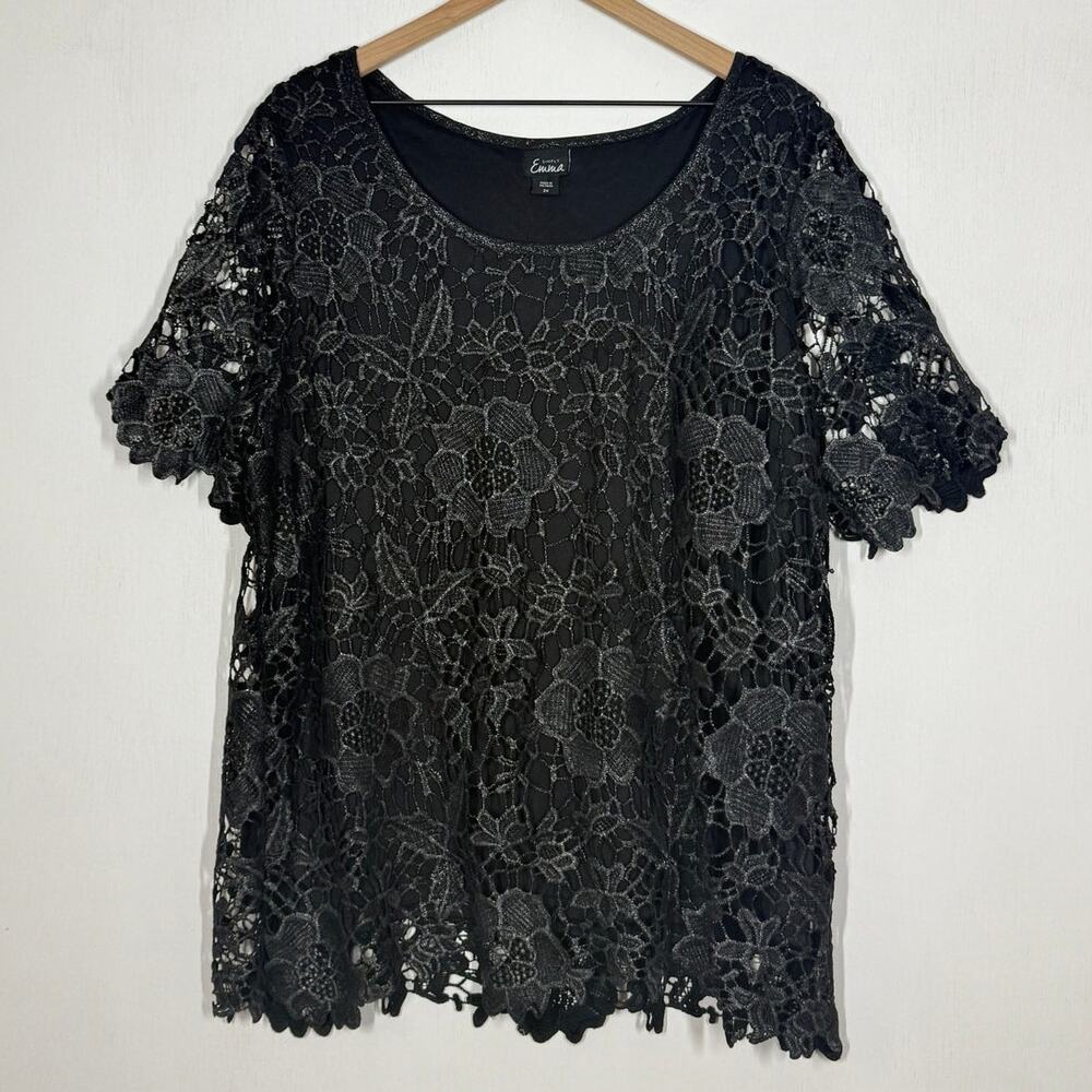 Simply‎ Emma Lace Top Womens 2X Black Metallic Floral Applique Fairy Whimsigoth
